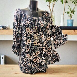 Women’s Plus Size Top 2X Tunic Cotton Blend black floral shirt flowers